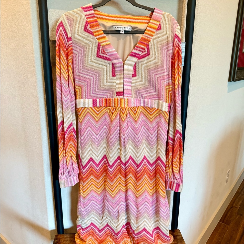Trina Turk Pink and Orange Chevron Long Sleeve Dress